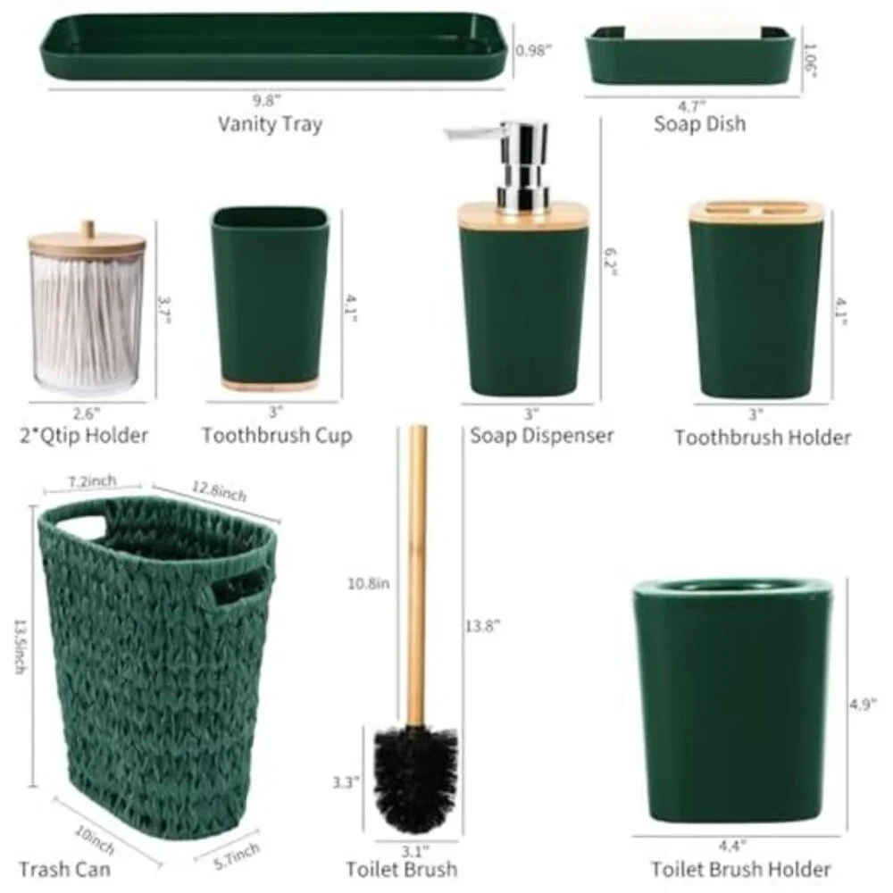 Dark Green Bathroom Accessories Set Wicker Trash Can Soap Dispenser Toothbrush